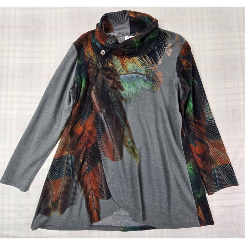 Parsley And Sage Women's Tunic Top Cowl Neck Artsy Long Sleeve Feather Print XL